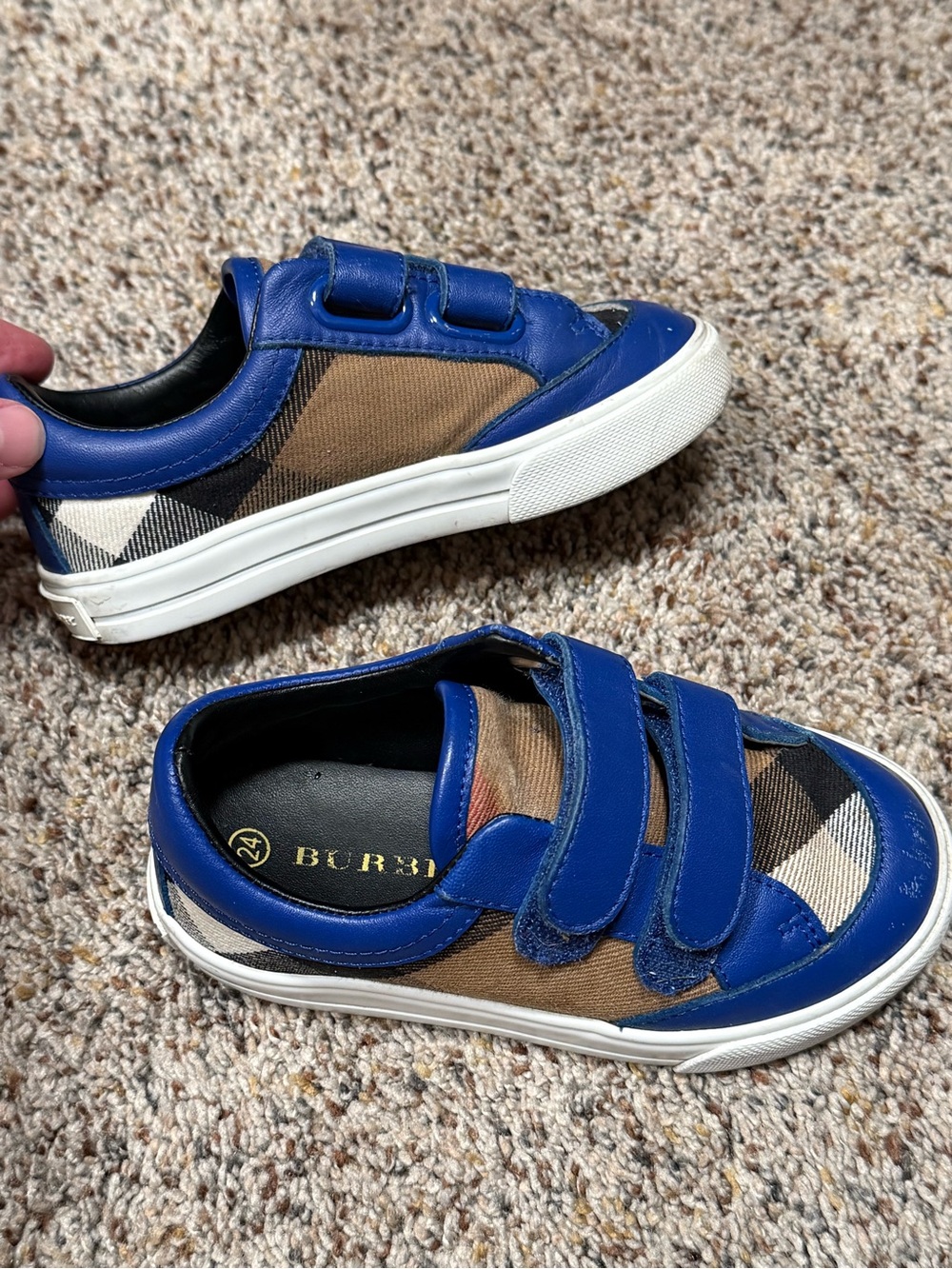 Burberry Toddler Heacham Blue Leather Check Trainers Shoes - Size 8